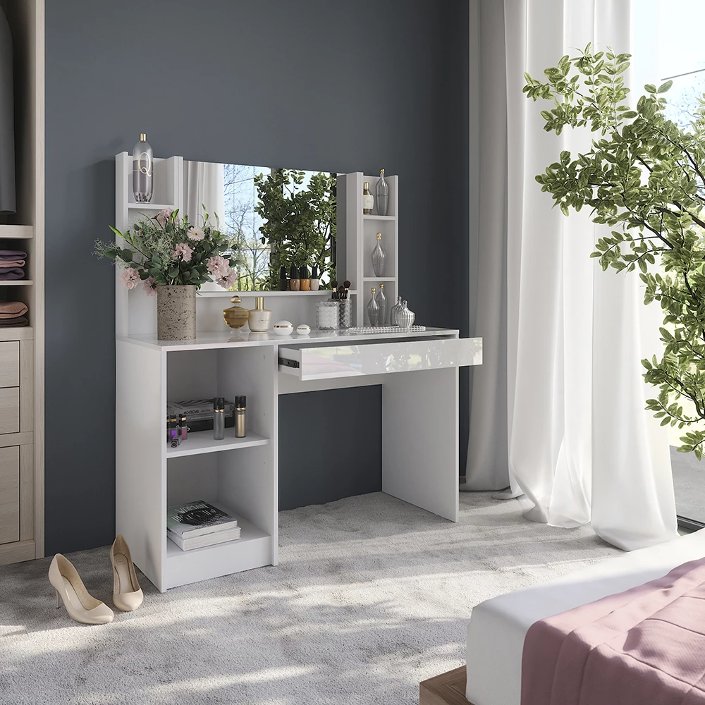 Close-up of Vanity table in White/white high gloss, showing design and surface details