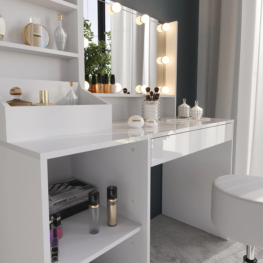 Nahaufnahme von Schminktisch in Weiß/Weiß Hochglanz, zeigt Textur/Details