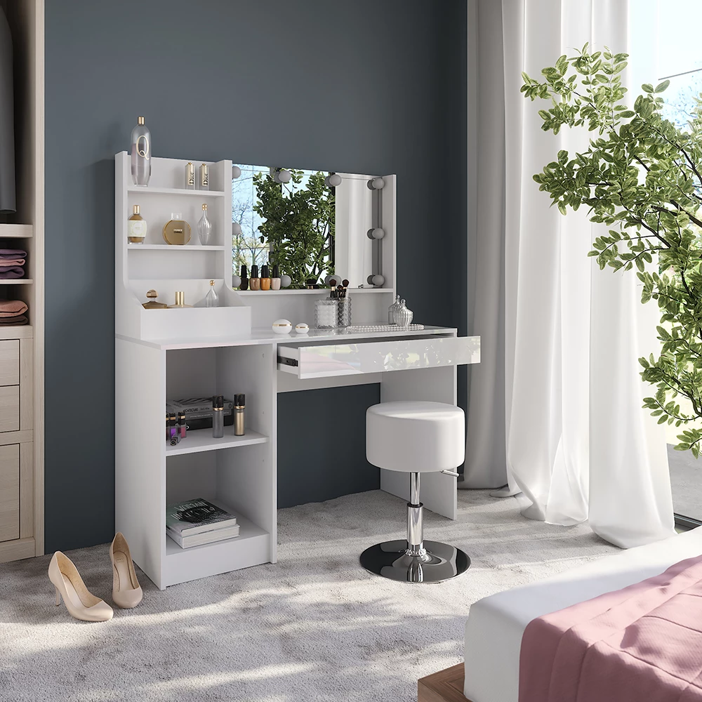 Nahaufnahme von Schminktisch in Weiß/Weiß Hochglanz, zeigt Design- und Oberflächendetails