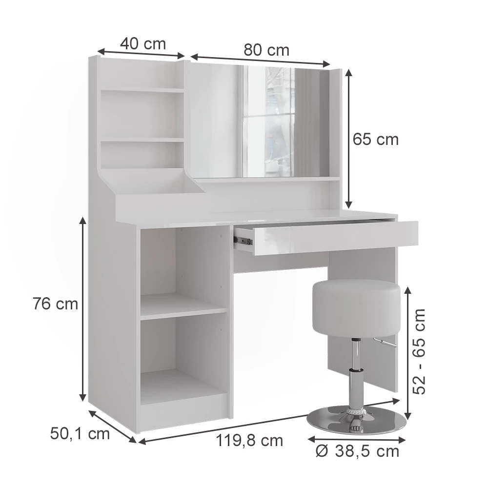 Makeupbord i farven Hvid/hvid højglans på hvid baggrund med synlige dimensioner