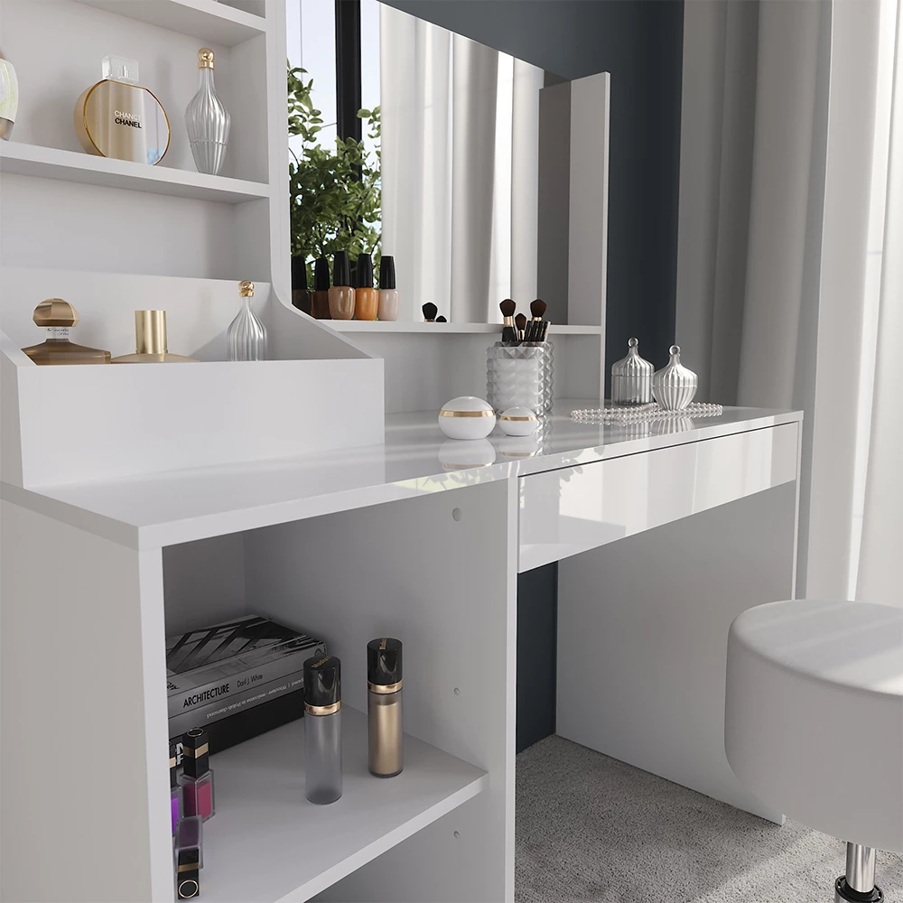 Nærbillede af Makeupbord i farven Hvid/hvid højglans, der viser struktur/detaljer