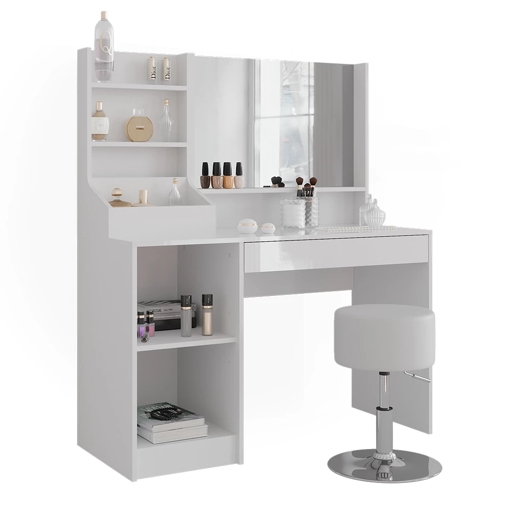 Makeupbord i farven Hvid/hvid højglans på hvid baggrund med dekorative elementer