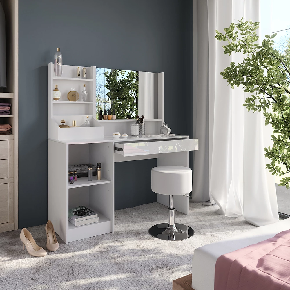 Nærbillede af Makeupbord i farven Hvid/hvid højglans, der viser design og overfladedetaljer