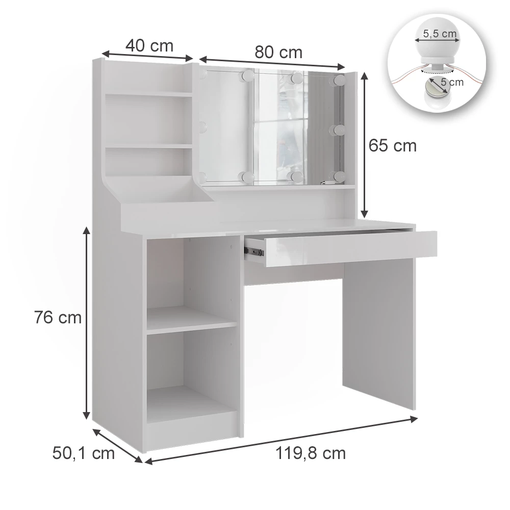 Stolik do przebierania w kolorze Biały/biały wysoki połysk na białym tle z widocznymi wymiarami