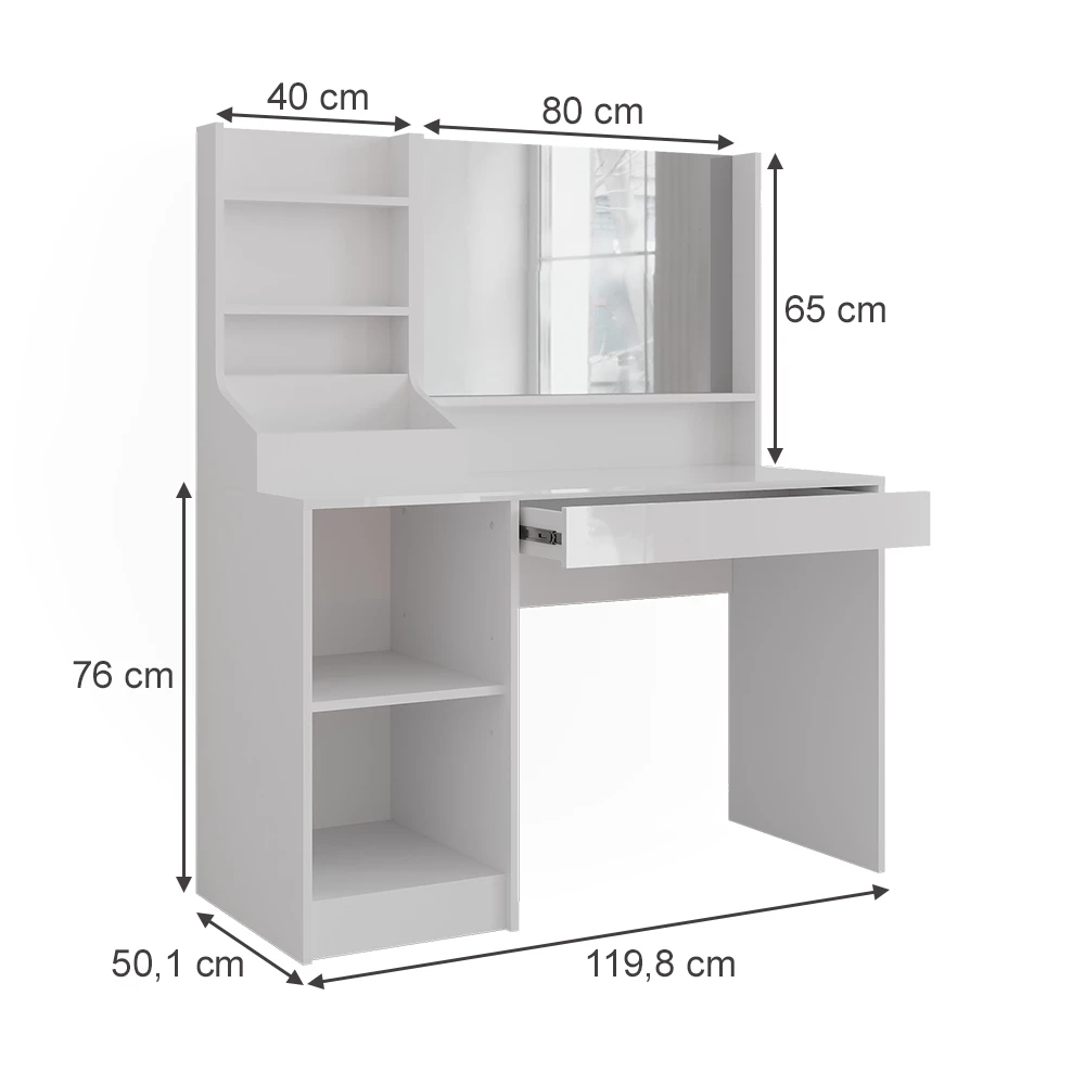 Tavolo da toeletta in Bianco/bianco lucido su sfondo bianco con dimensioni visibili