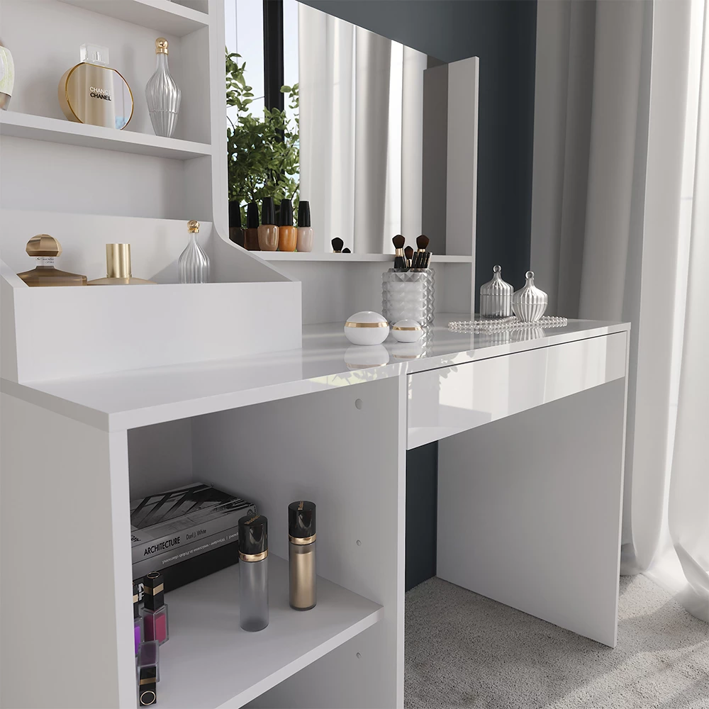 Primo piano di Tavolo da toeletta in Bianco/bianco lucido, mostrando texture/dettagli