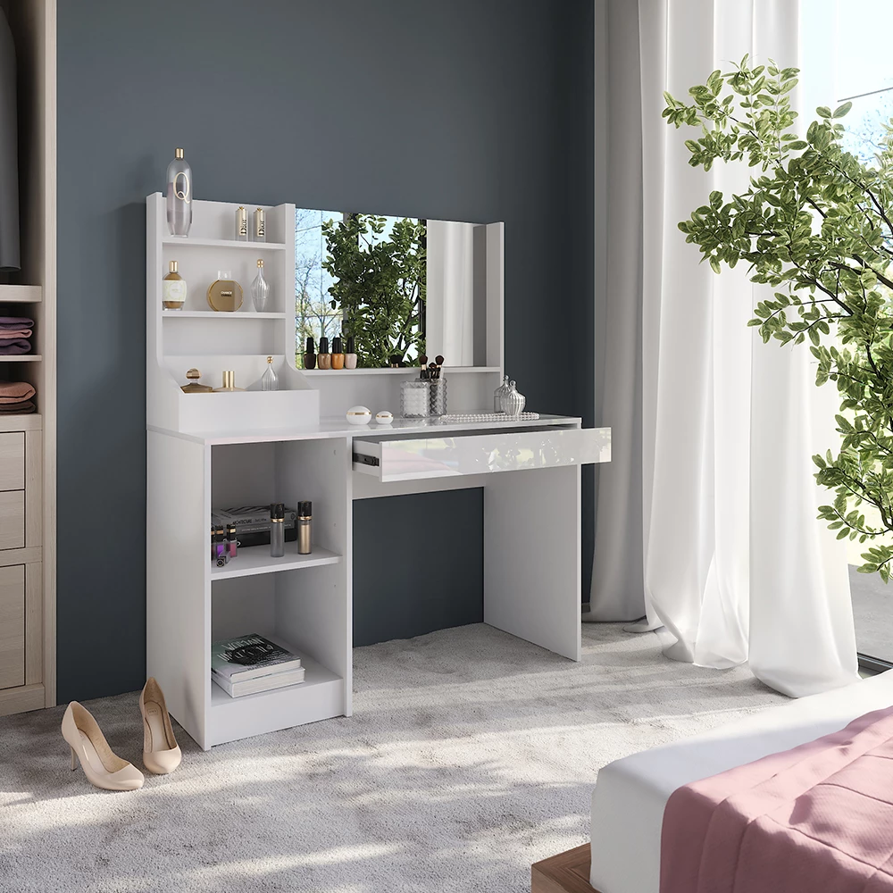 Primo piano di Tavolo da toeletta in Bianco/bianco lucido, mostrando design e dettagli della superficie