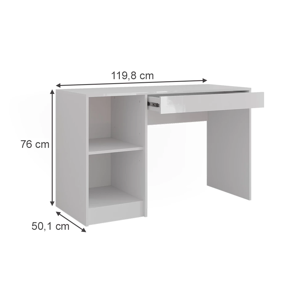 Schminktisch in Weiß/Weiß Hochglanz auf weißem Hintergrund mit sichtbaren Maßen