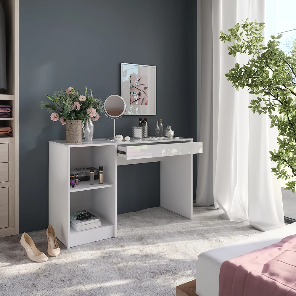 Nahaufnahme von Schminktisch in Weiß/Weiß Hochglanz, zeigt Design- und Oberflächendetails