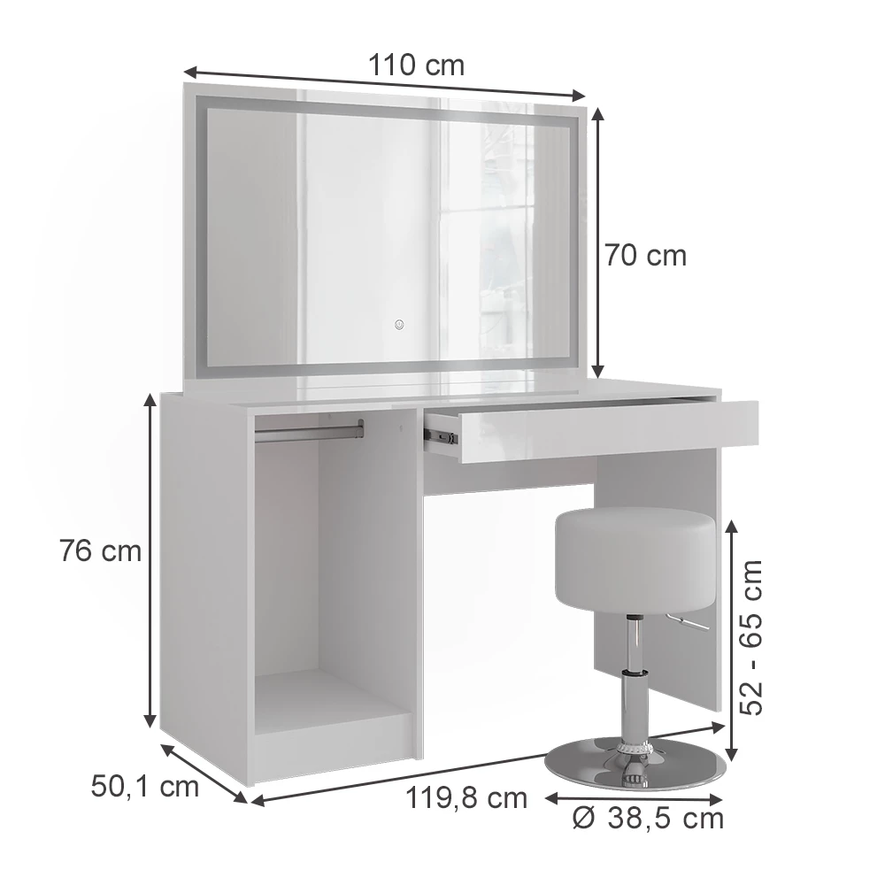 Schminktisch in Weiß/Weiß Hochglanz auf weißem Hintergrund mit sichtbaren Maßen