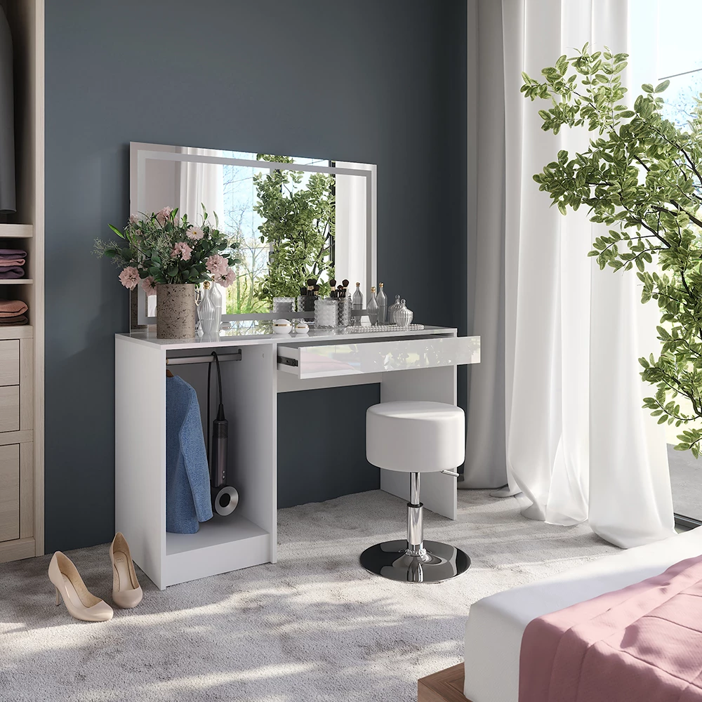 Nahaufnahme von Schminktisch in Weiß/Weiß Hochglanz, zeigt Design- und Oberflächendetails