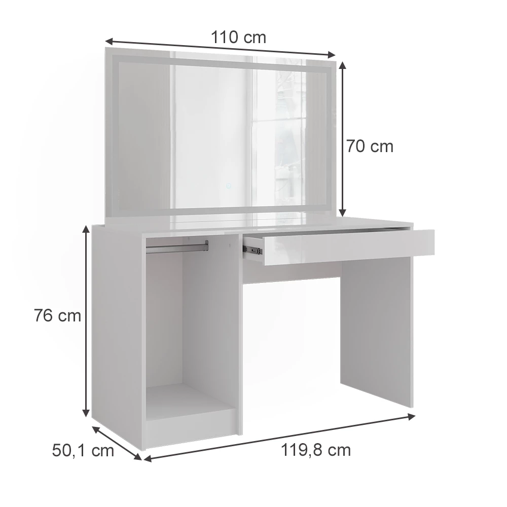 Coiffeuse en blanc/blanc brillant sur fond blanc avec dimensions visibles