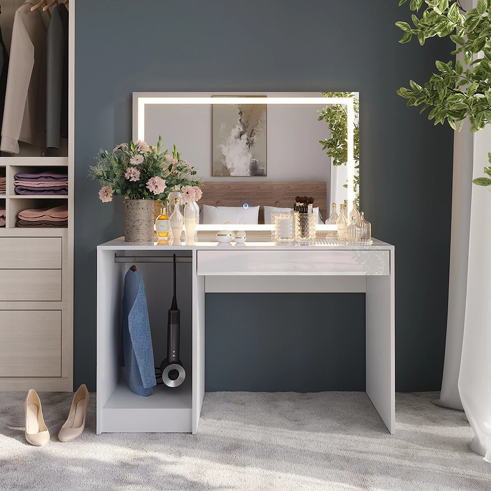 Coiffeuse en blanc/blanc brillant, présenté dans un décor ambiant avec décoration