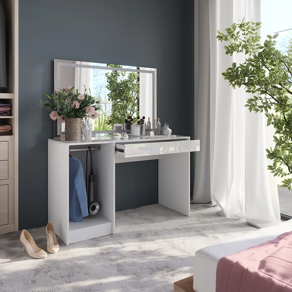 Gros plan de Coiffeuse en blanc/blanc brillant, montrant le design et les détails de surface