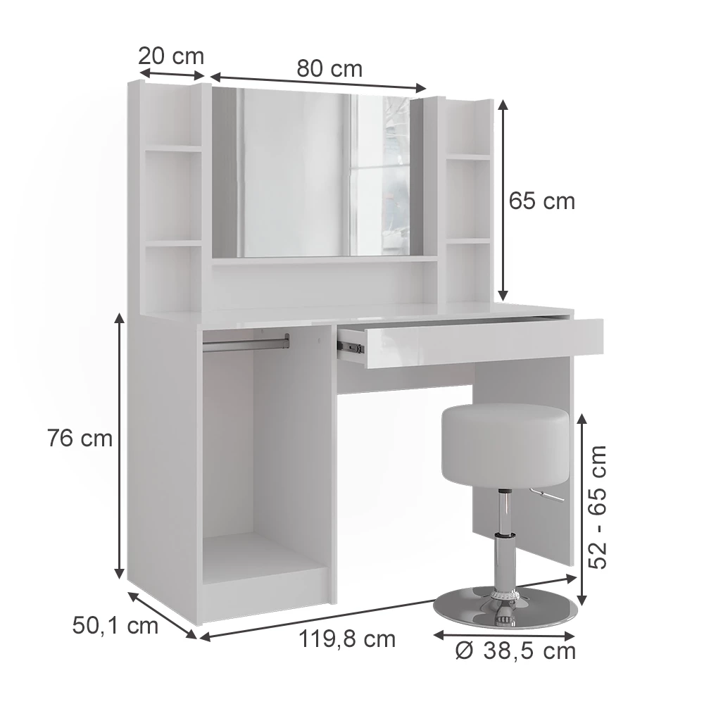 Schminktisch in Weiß/Weiß Hochglanz auf weißem Hintergrund mit sichtbaren Maßen