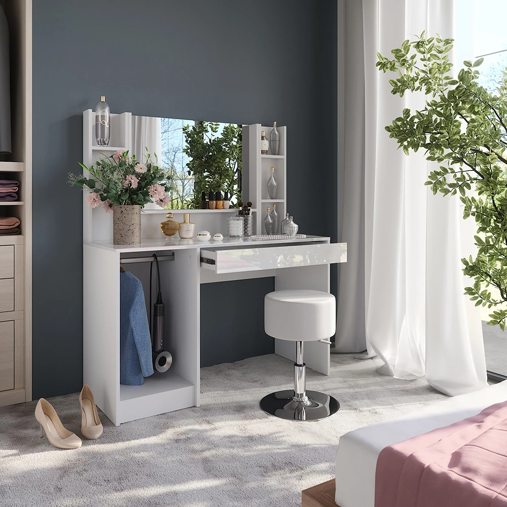 Nahaufnahme von Schminktisch in Weiß/Weiß Hochglanz, zeigt Design- und Oberflächendetails