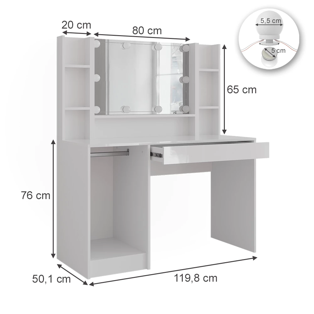 Schminktisch in Weiß/Weiß Hochglanz auf weißem Hintergrund mit sichtbaren Maßen