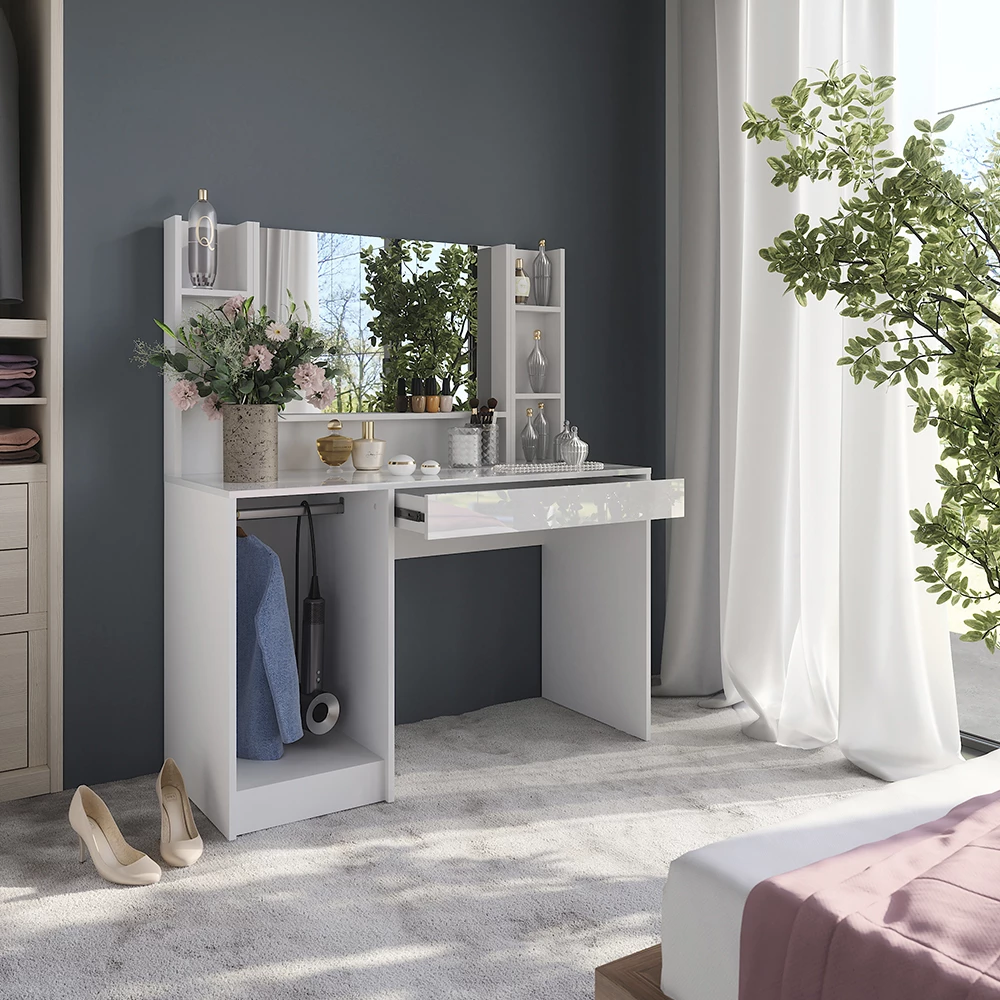 Primo piano di Tavolo da toeletta in Bianco/bianco lucido, mostrando design e dettagli della superficie