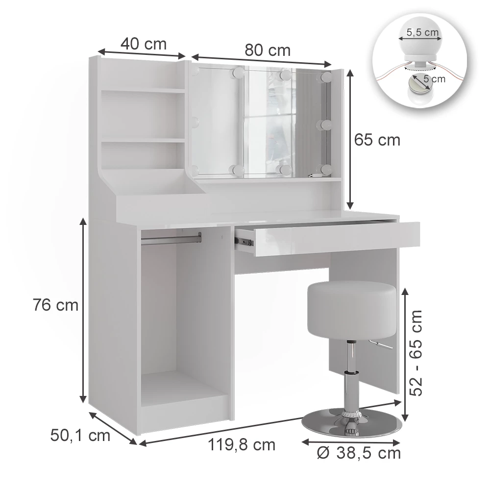 Vanity table in White/white high gloss on white background with visible dimensions