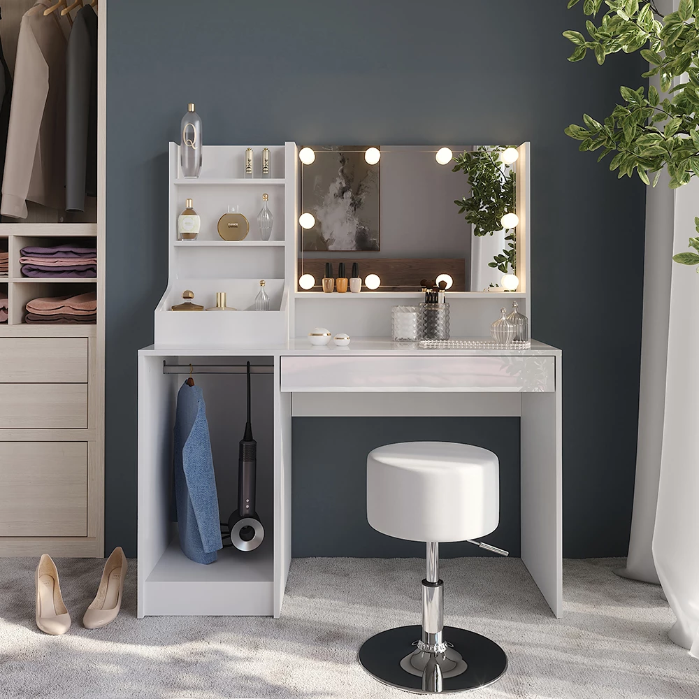 Vanity table in White/white high gloss shown in ambient setting with decoration