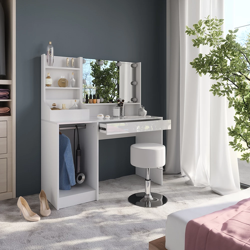 Close-up of Vanity table in White/white high gloss, showing design and surface details