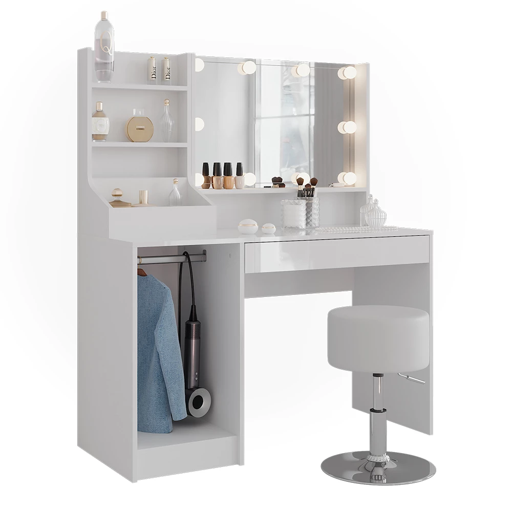 Vanity table in White/white high gloss on white background with decorative elements