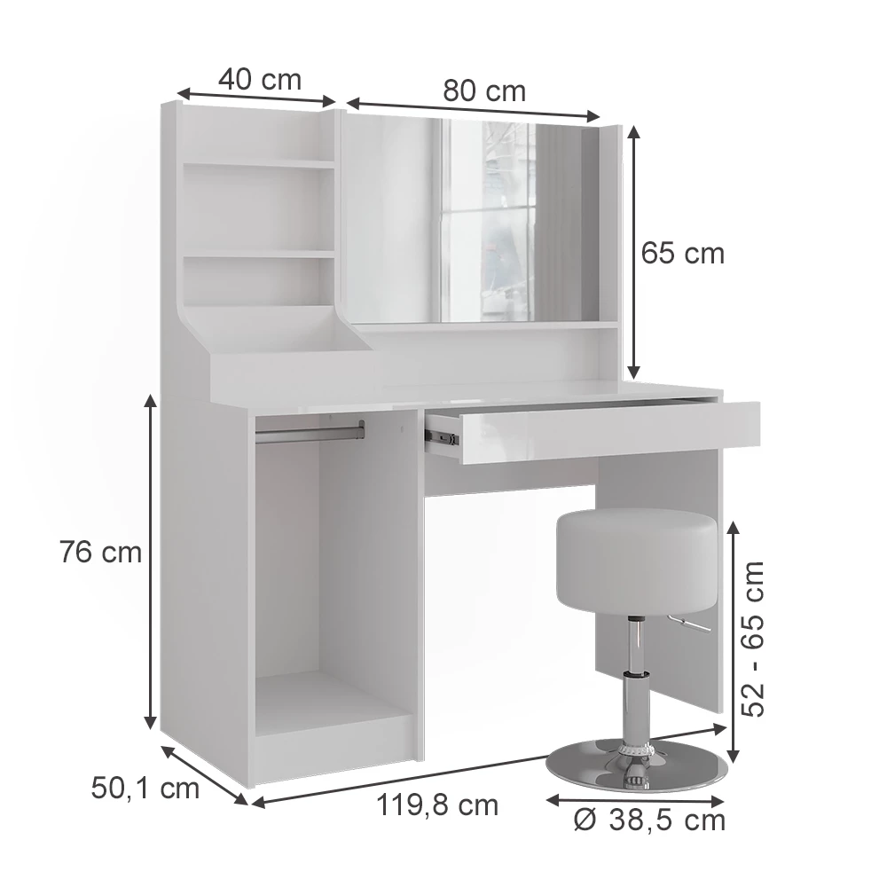 Makeupbord i farven Hvid/hvid højglans på hvid baggrund med synlige dimensioner