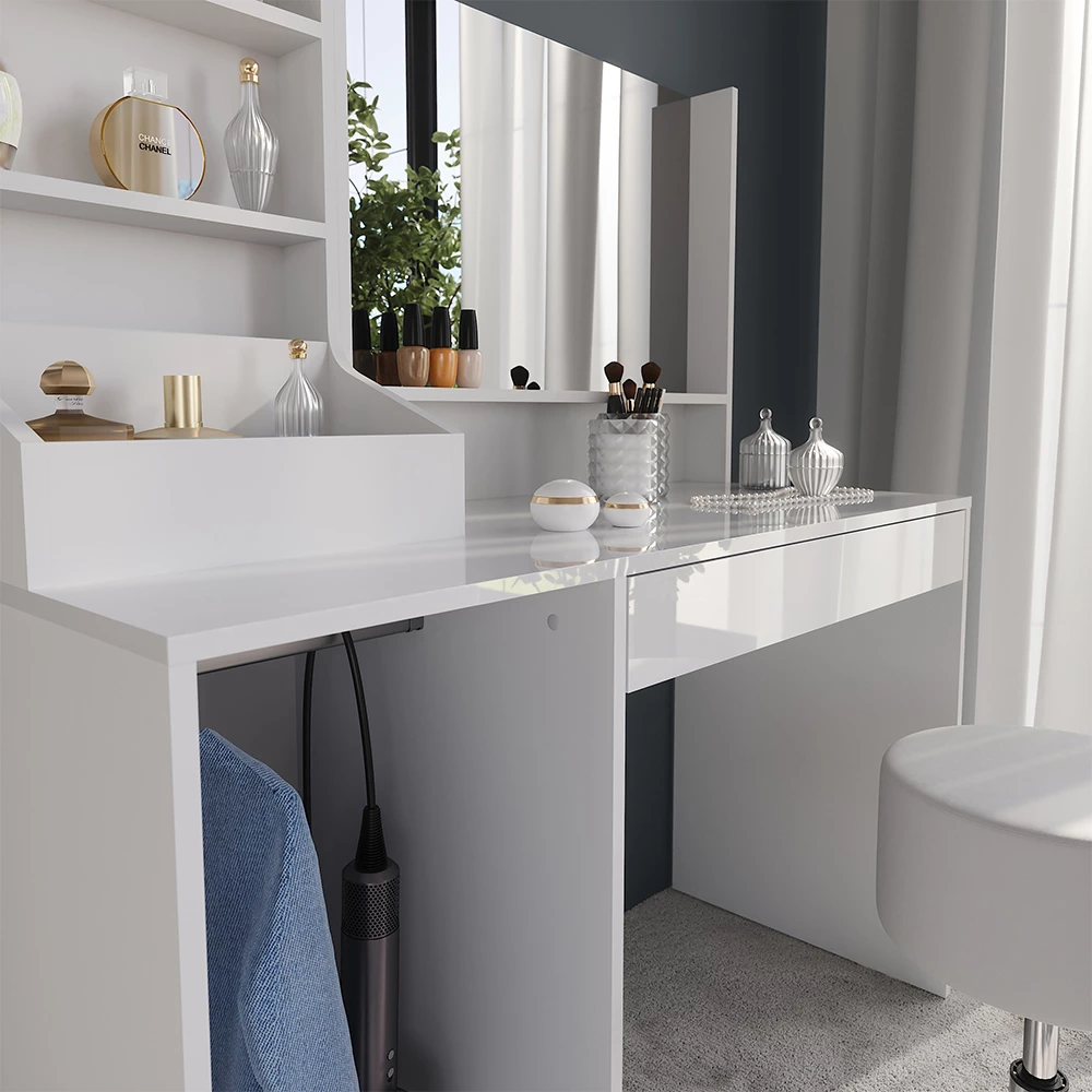 Nærbillede af Makeupbord i farven Hvid/hvid højglans, der viser struktur/detaljer