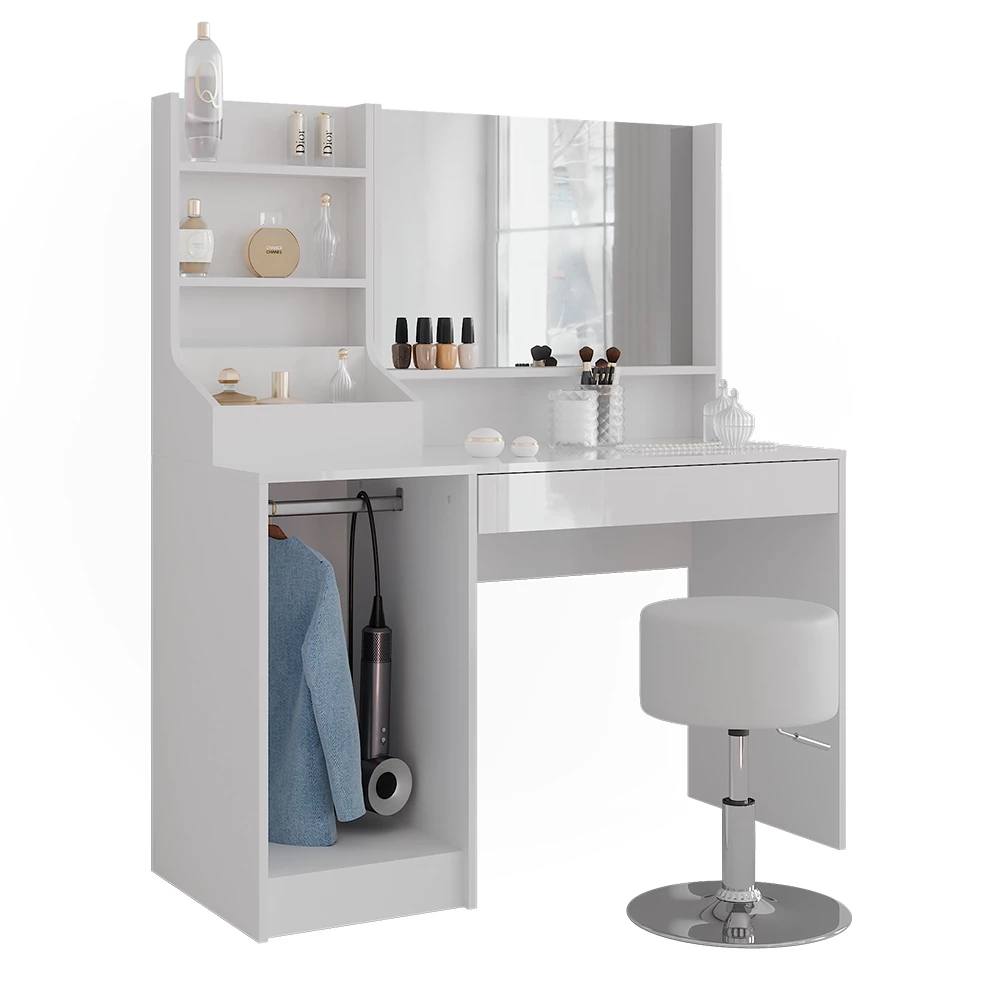 Makeupbord i farven Hvid/hvid højglans på hvid baggrund med dekorative elementer