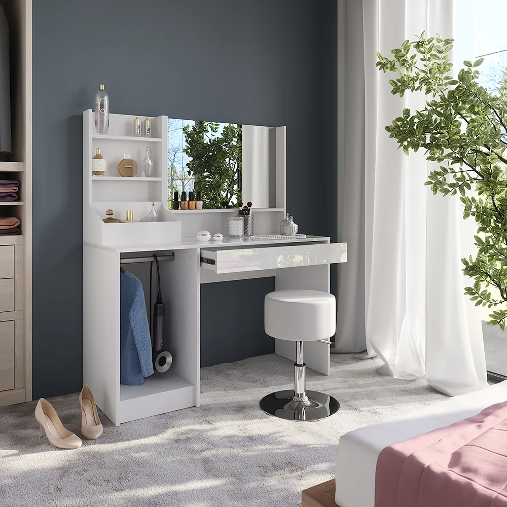 Nærbillede af Makeupbord i farven Hvid/hvid højglans, der viser design og overfladedetaljer