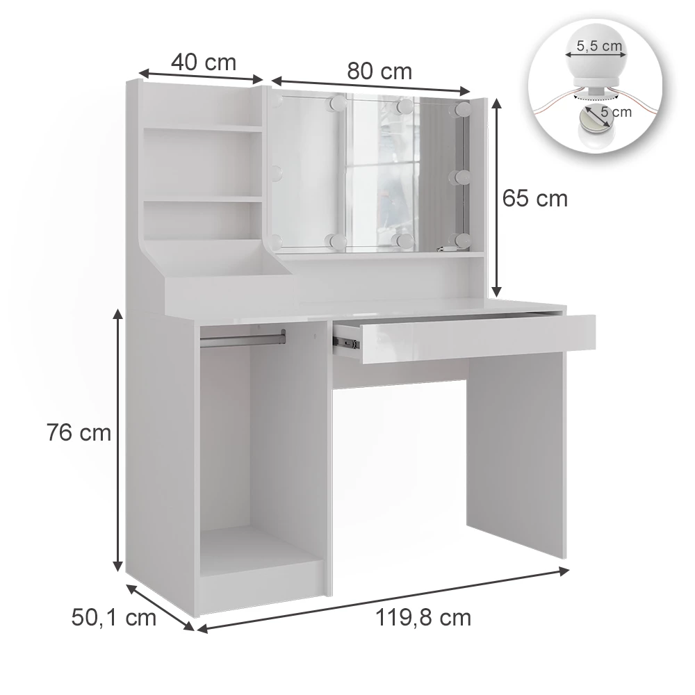 Tavolo da toeletta in Bianco/bianco lucido su sfondo bianco con dimensioni visibili