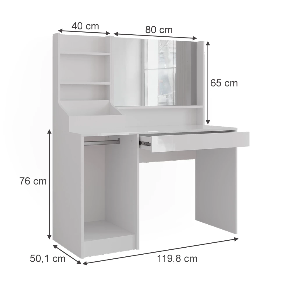 Vanity table in White/white high gloss on white background with visible dimensions