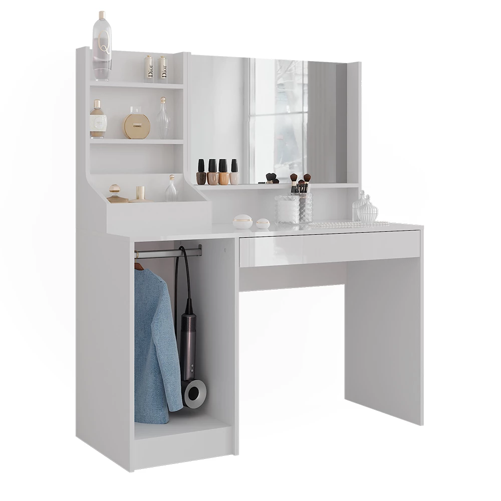 Vanity table in White/white high gloss on white background with decorative elements