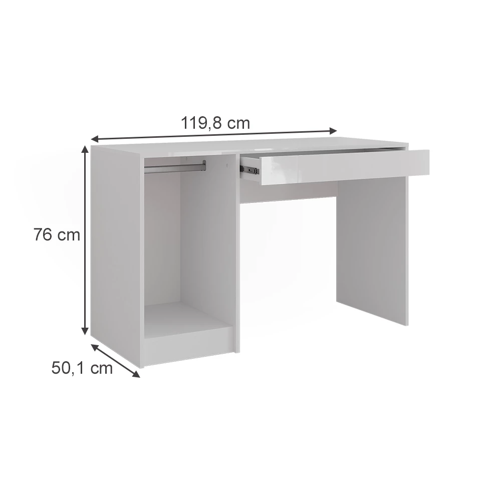 Schminktisch in Weiß/Weiß Hochglanz auf weißem Hintergrund mit sichtbaren Maßen
