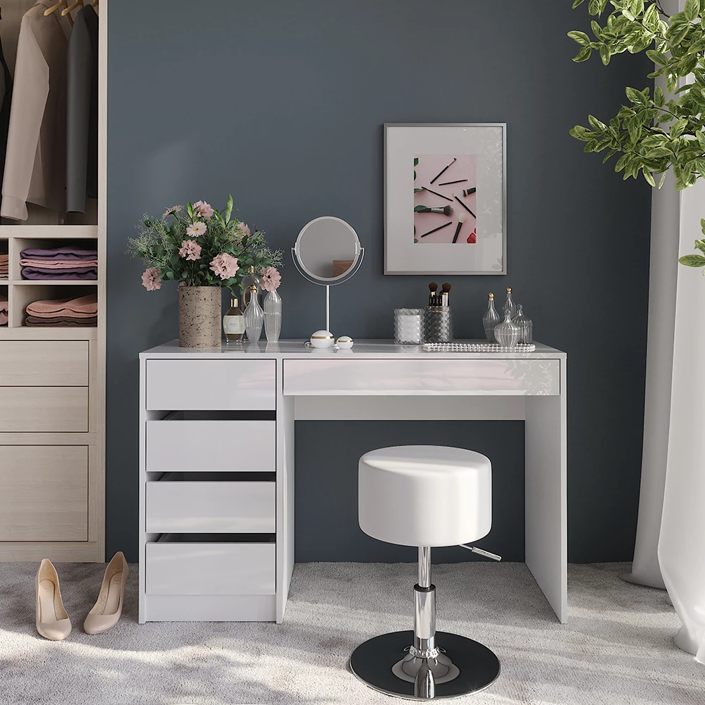 Vanity table in White/white high gloss shown in ambient setting with decoration