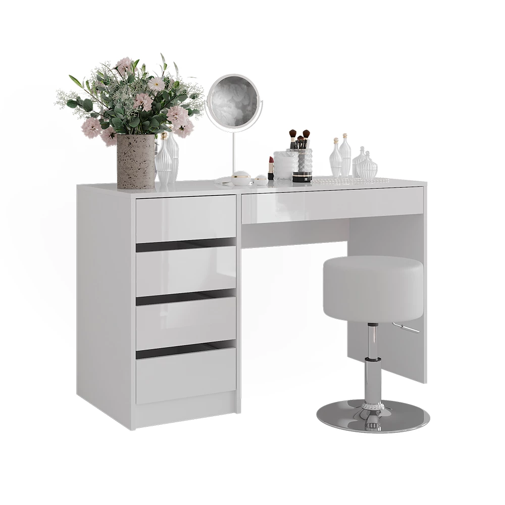 Vanity table in White/white high gloss on white background with decorative elements