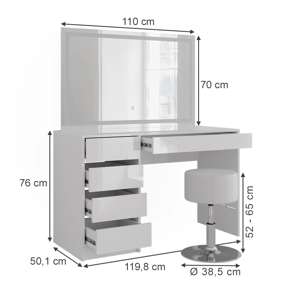 Kaptafel set met kruk in Wit/wit hoogglans op een witte achtergrond met zichtbare afmetingen