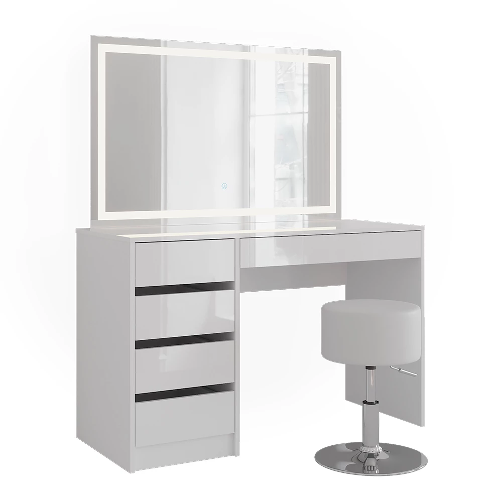 Kaptafel set met kruk in Wit/wit hoogglans op een witte achtergrond