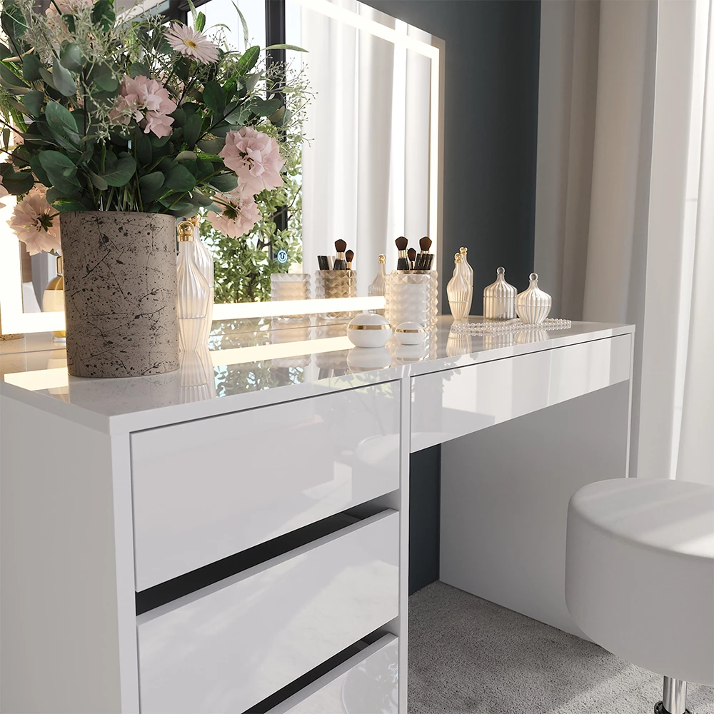 Close-up van Kaptafel set met kruk in Wit/wit hoogglans, met textuur/details