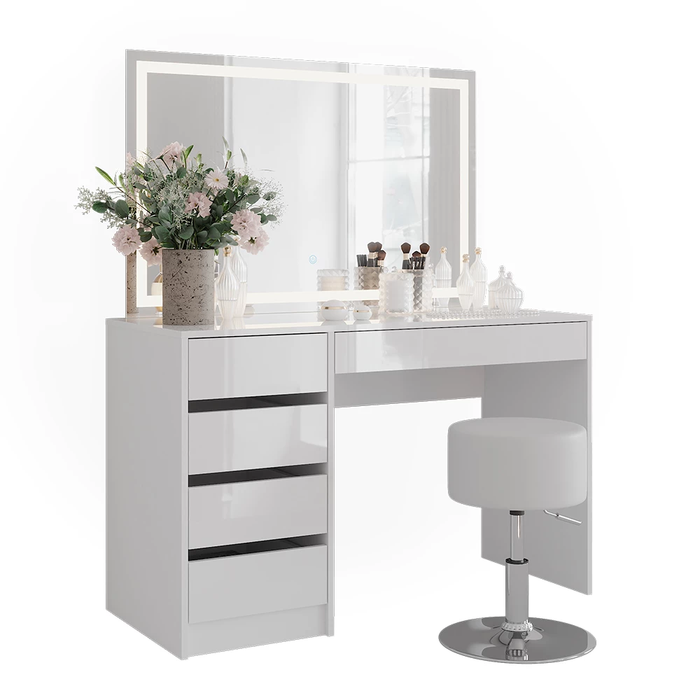 Kaptafel set met kruk in Wit/wit hoogglans op een witte achtergrond met decoratieve elementen