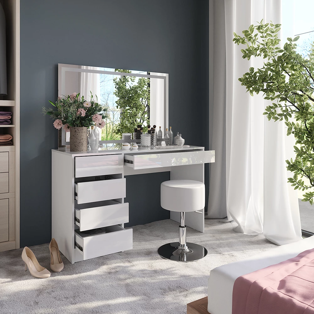 Close-up van Kaptafel set met kruk in Wit/wit hoogglans, met ontwerp- en oppervlakte-details