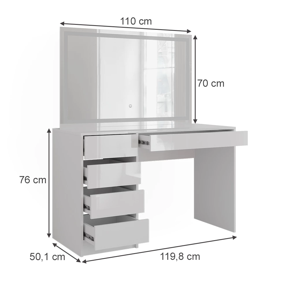 Schminktisch in Weiß/Weiß Hochglanz auf weißem Hintergrund mit sichtbaren Maßen