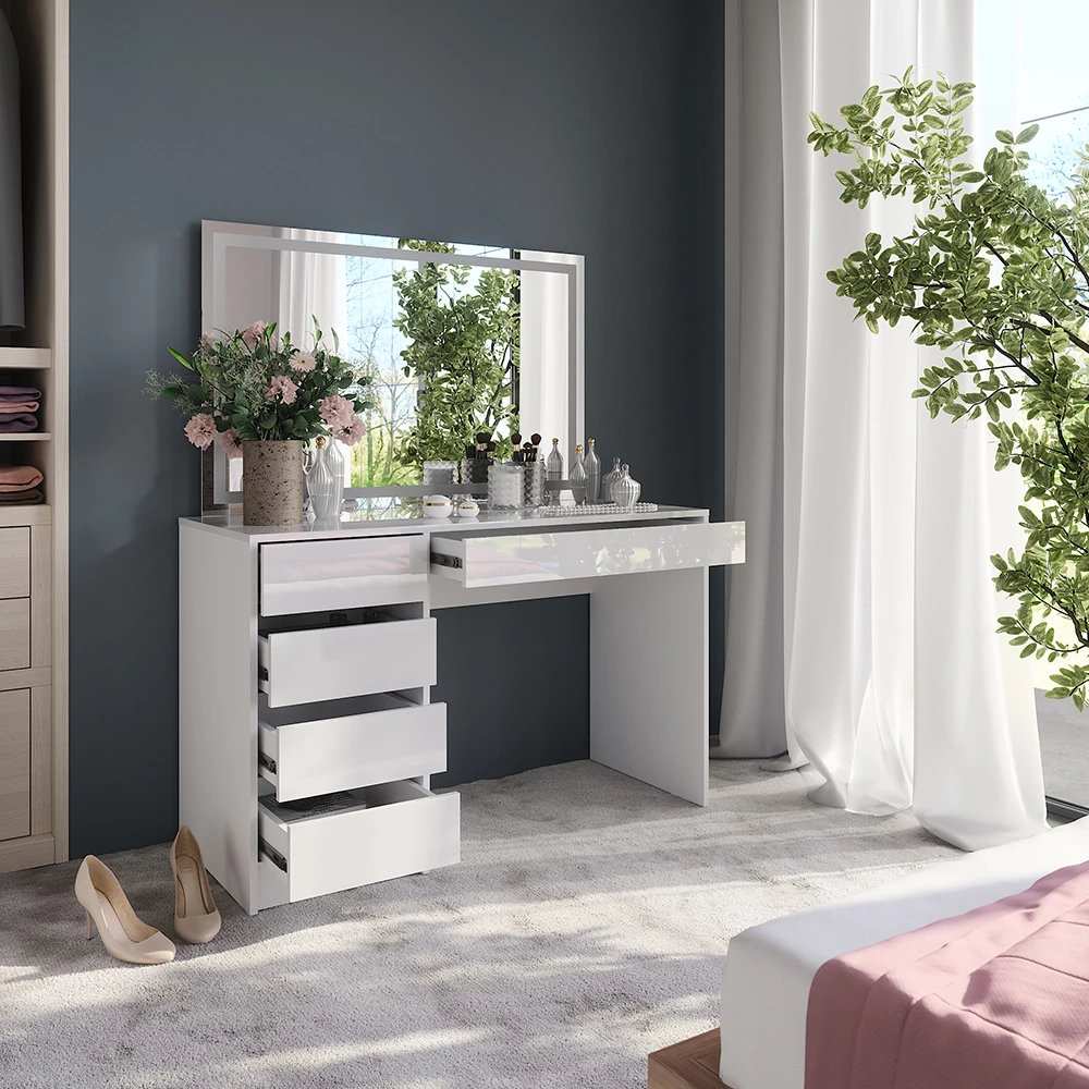 Nahaufnahme von Schminktisch in Weiß/Weiß Hochglanz, zeigt Design- und Oberflächendetails