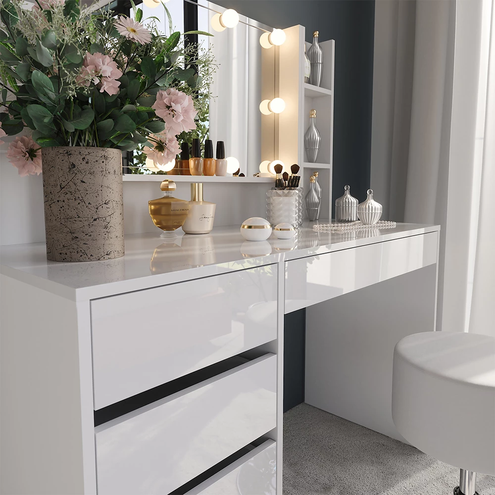 Nærbillede af Makeupbord i farven Hvid/hvid højglans, der viser struktur/detaljer