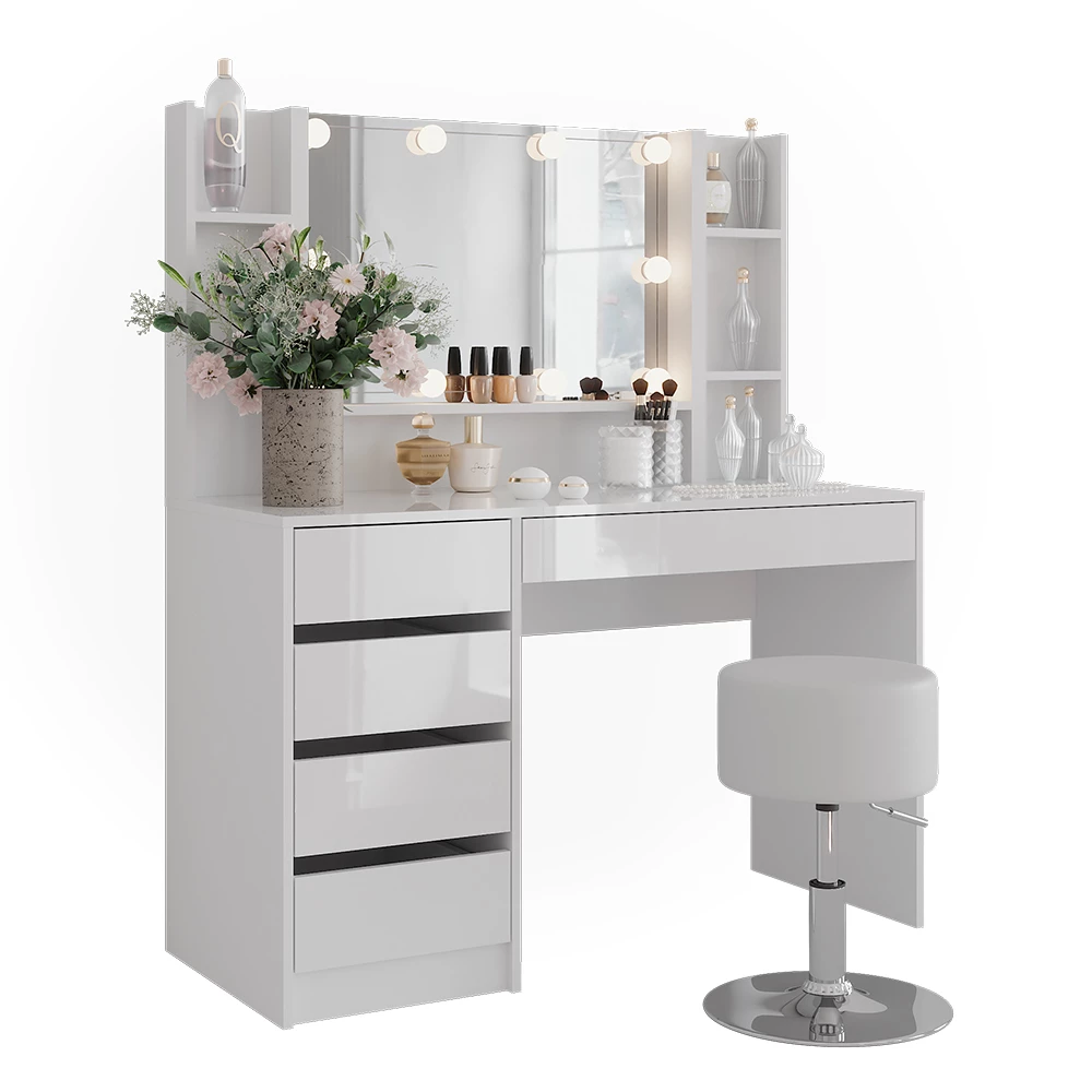 Makeupbord i farven Hvid/hvid højglans på hvid baggrund med dekorative elementer