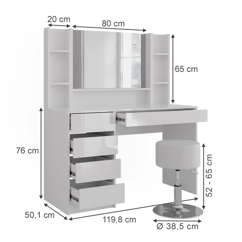 Coiffeuse en blanc/blanc brillant sur fond blanc avec dimensions visibles