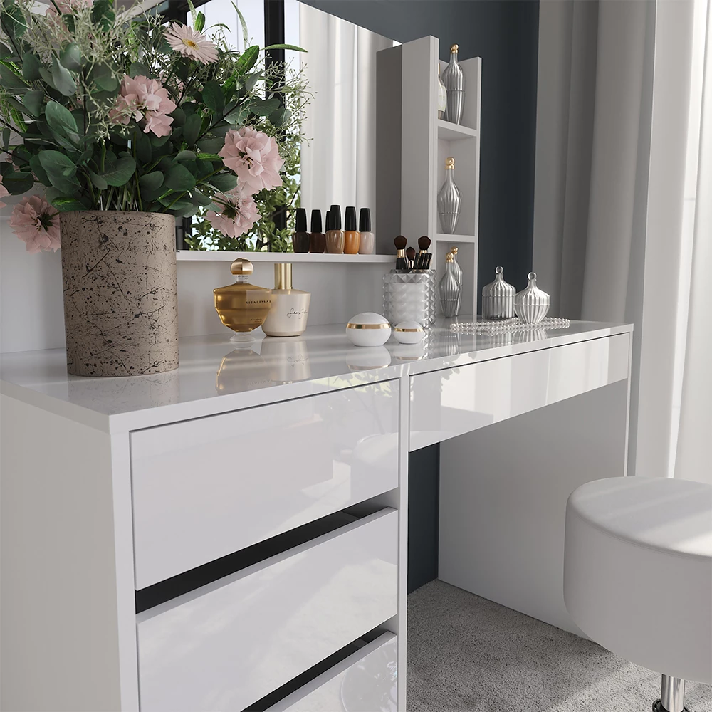 Gros plan de Coiffeuse en blanc/blanc brillant, montrant la texture/les détails