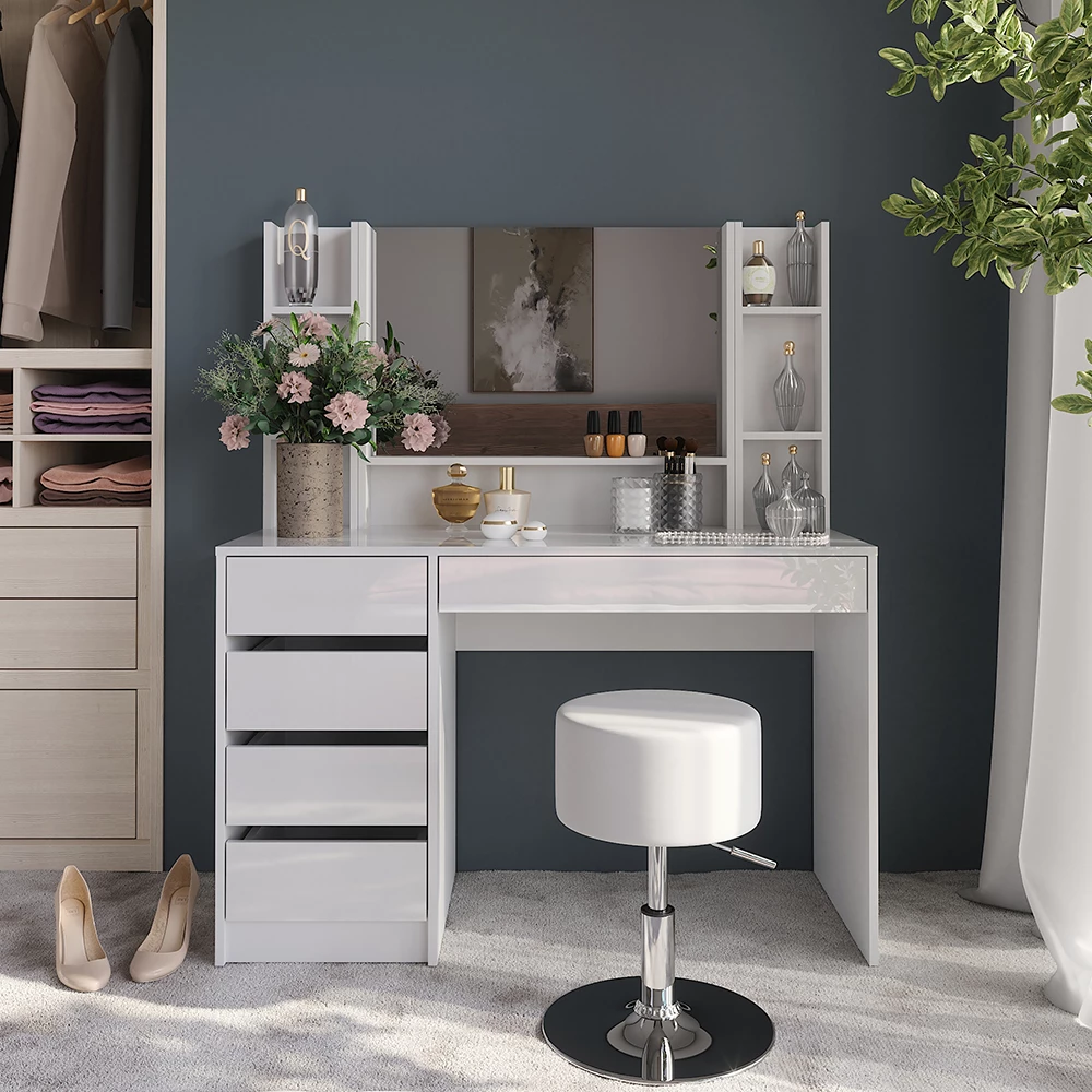 Coiffeuse en blanc/blanc brillant, présenté dans un décor ambiant avec décoration