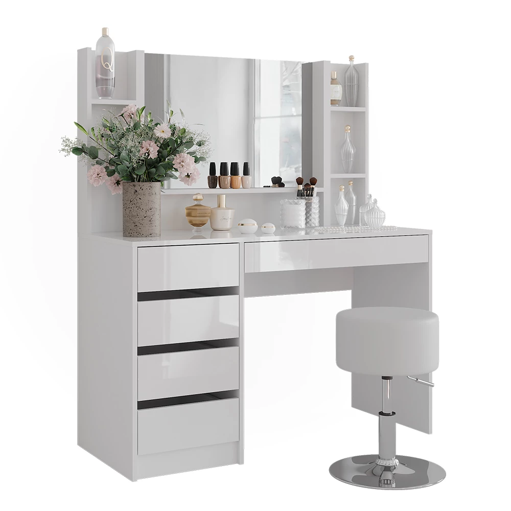 Coiffeuse en blanc/blanc brillant sur fond blanc avec des éléments décoratifs