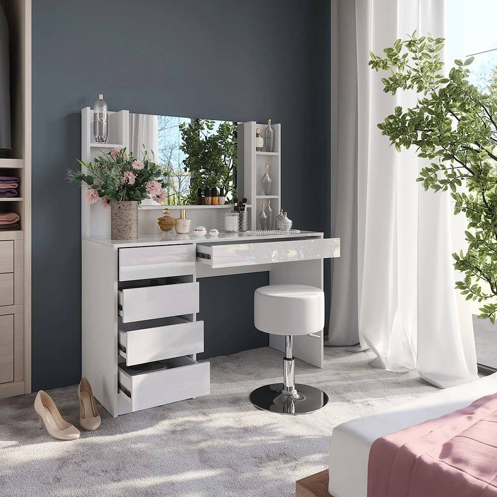 Gros plan de Coiffeuse en blanc/blanc brillant, montrant le design et les détails de surface